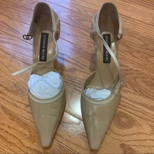 Beige Closed Toe Leather Heels